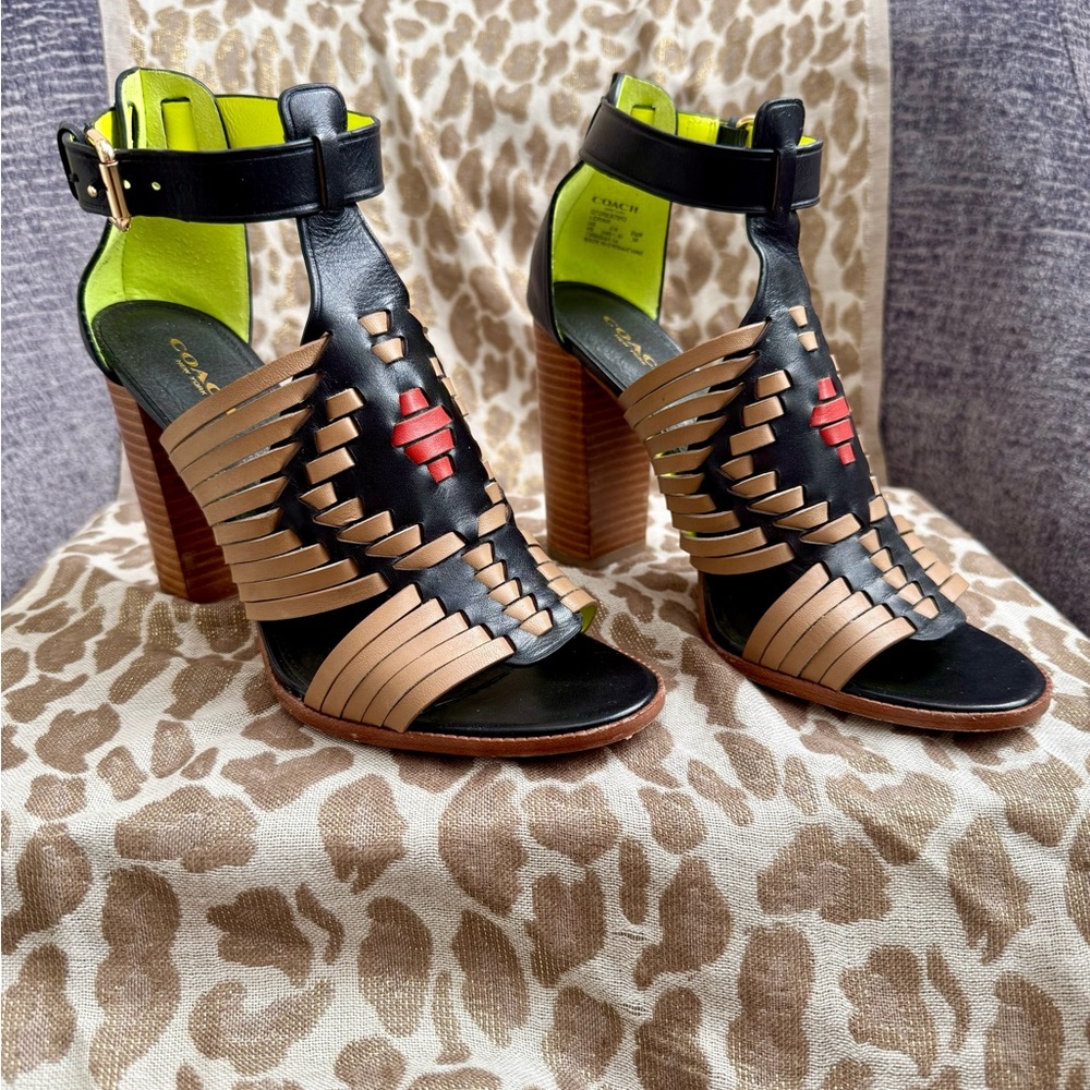 Coach Lorrie Black and Tan Woven Block Heels
